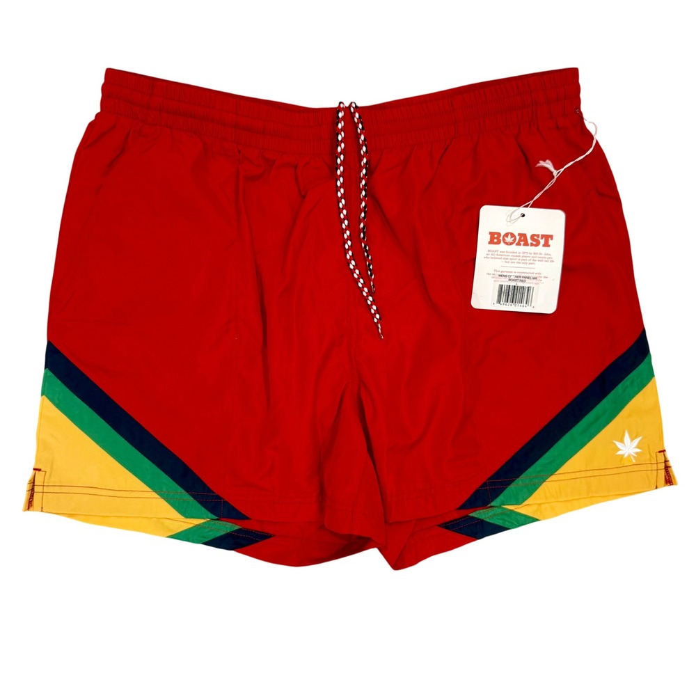 Boast Corner Panel Swim Trunks Mens Size L Red NWT Athletic Shorts Striped